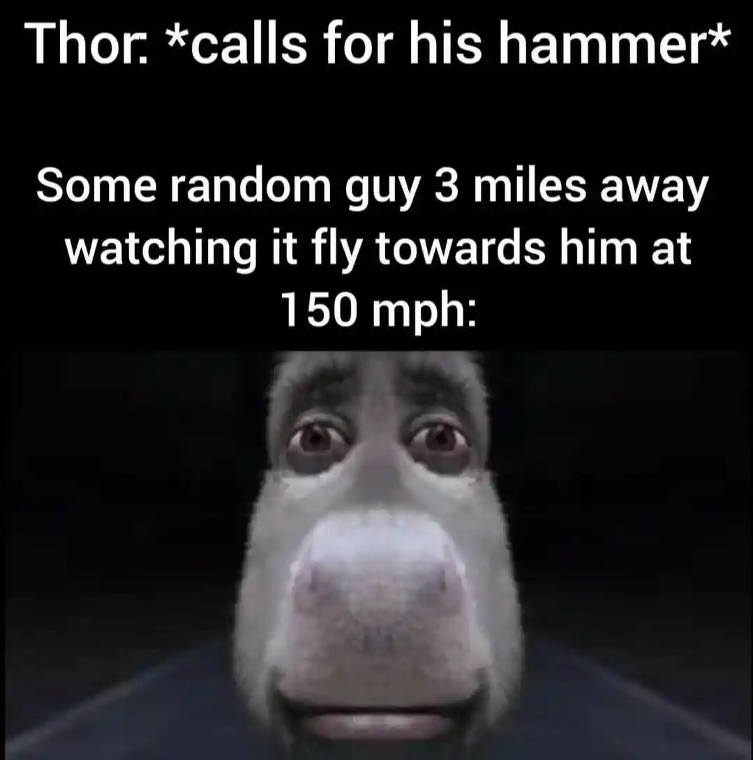 Donkey staring meme scared of incoming thor hammer