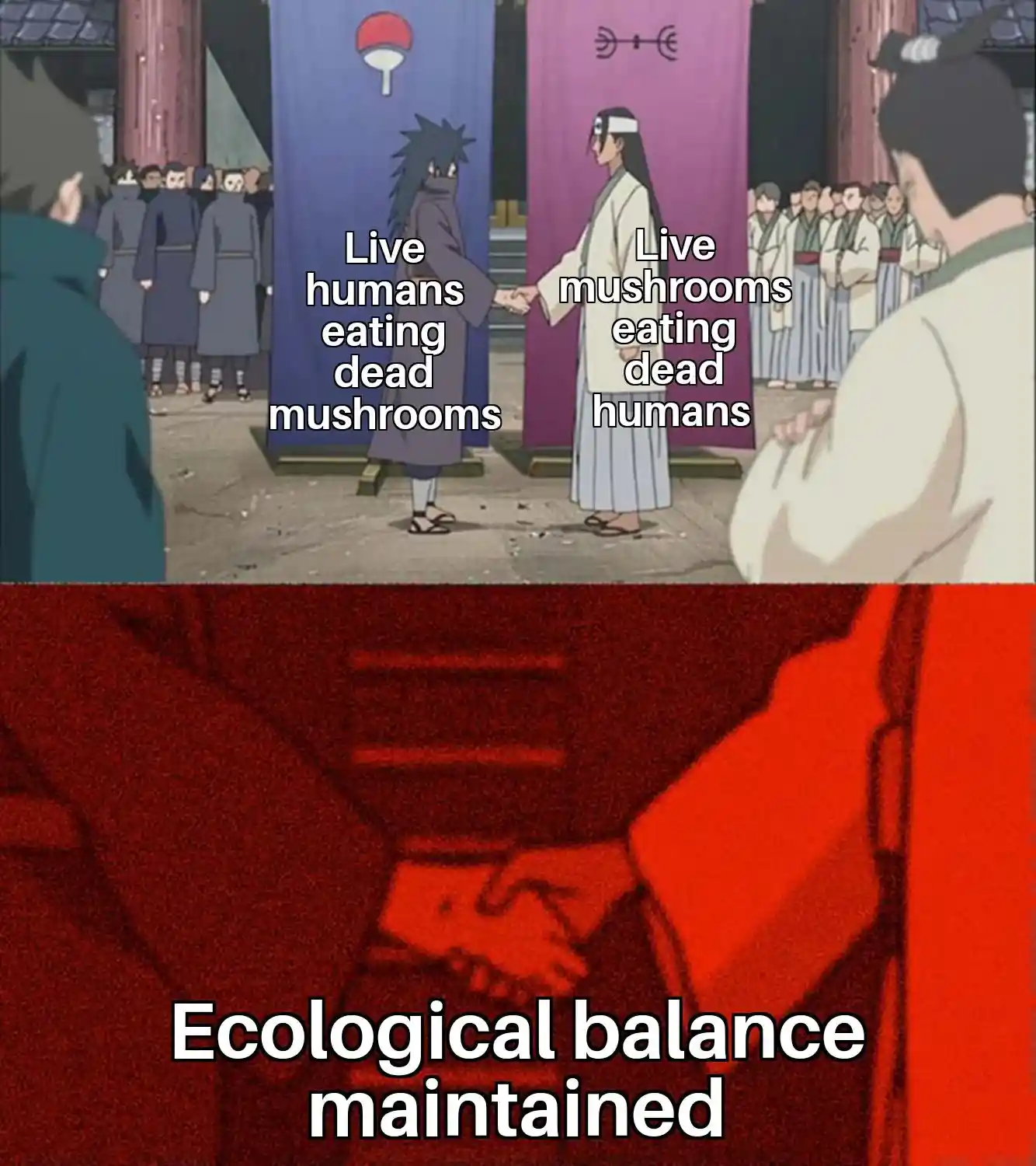 Ecological balance meme showing mutual eating deal