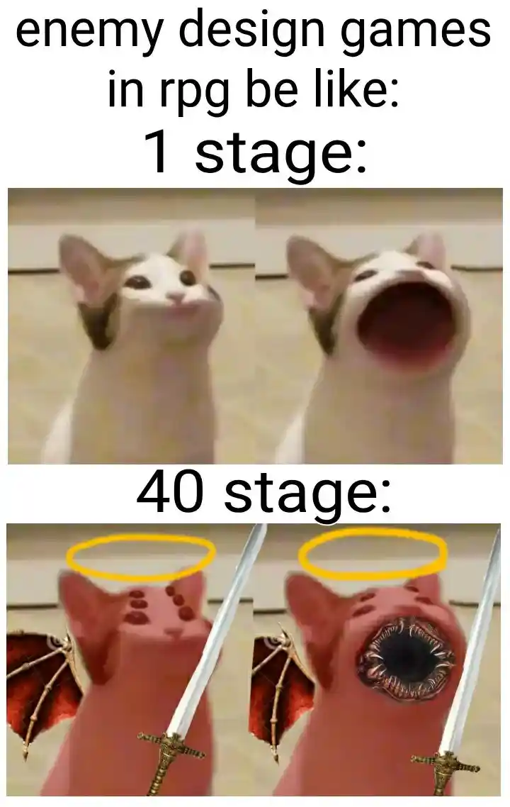 Rpg enemy design meme mocking late game absurdity