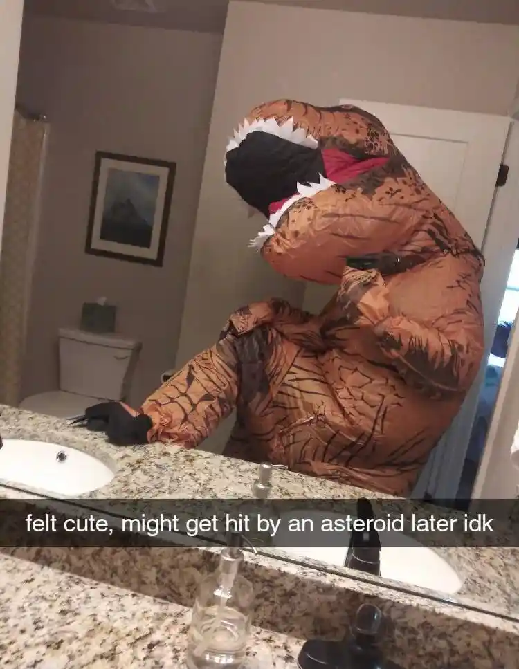 T rex selfie meme waiting for asteroid