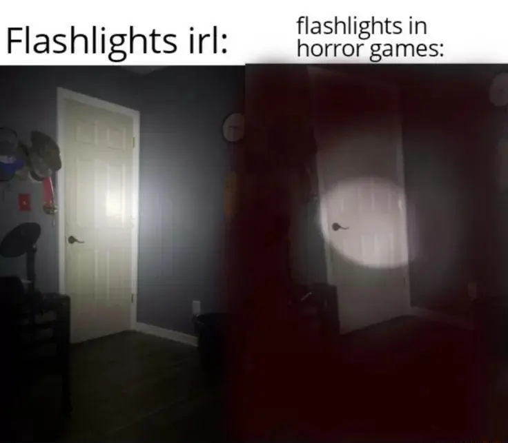 Flashlight meme shows real life vs horror games