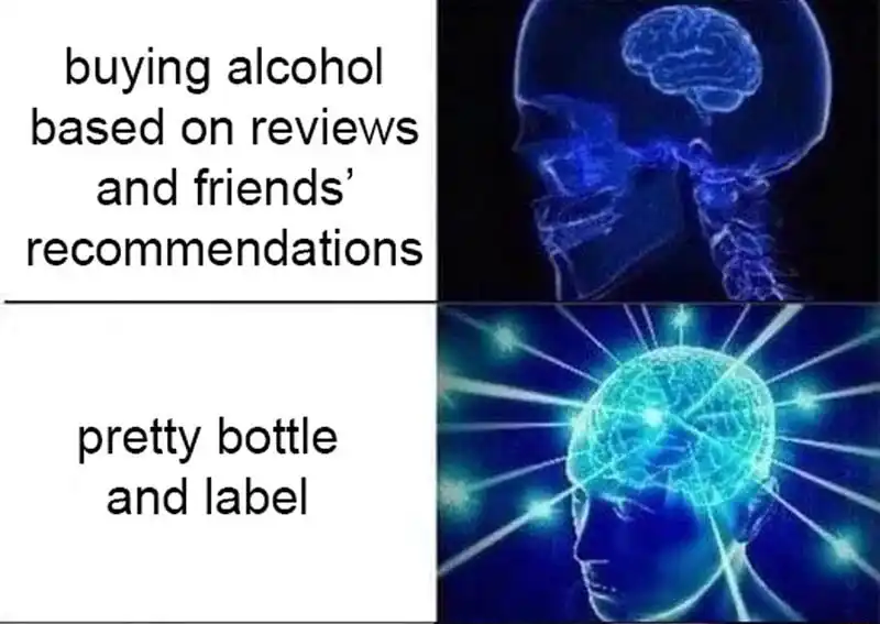 Galaxy brain meme buying alcohol for pretty bottle