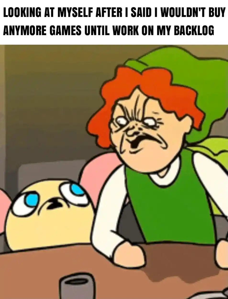 Game backlog meme judging self after new buy