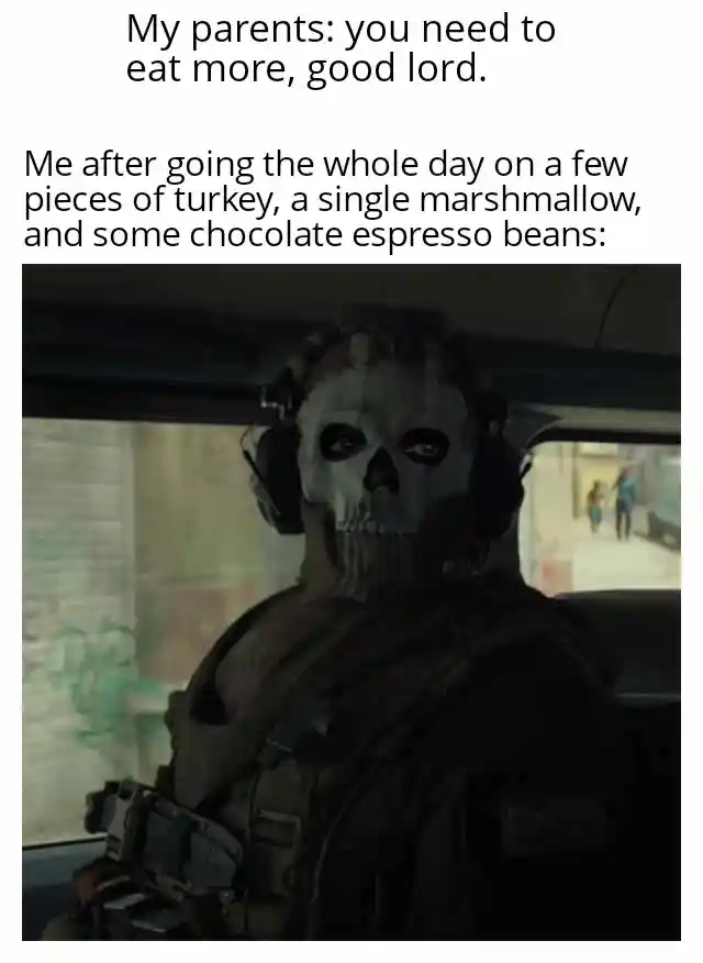 Ghost staring meme living on few snacks all day