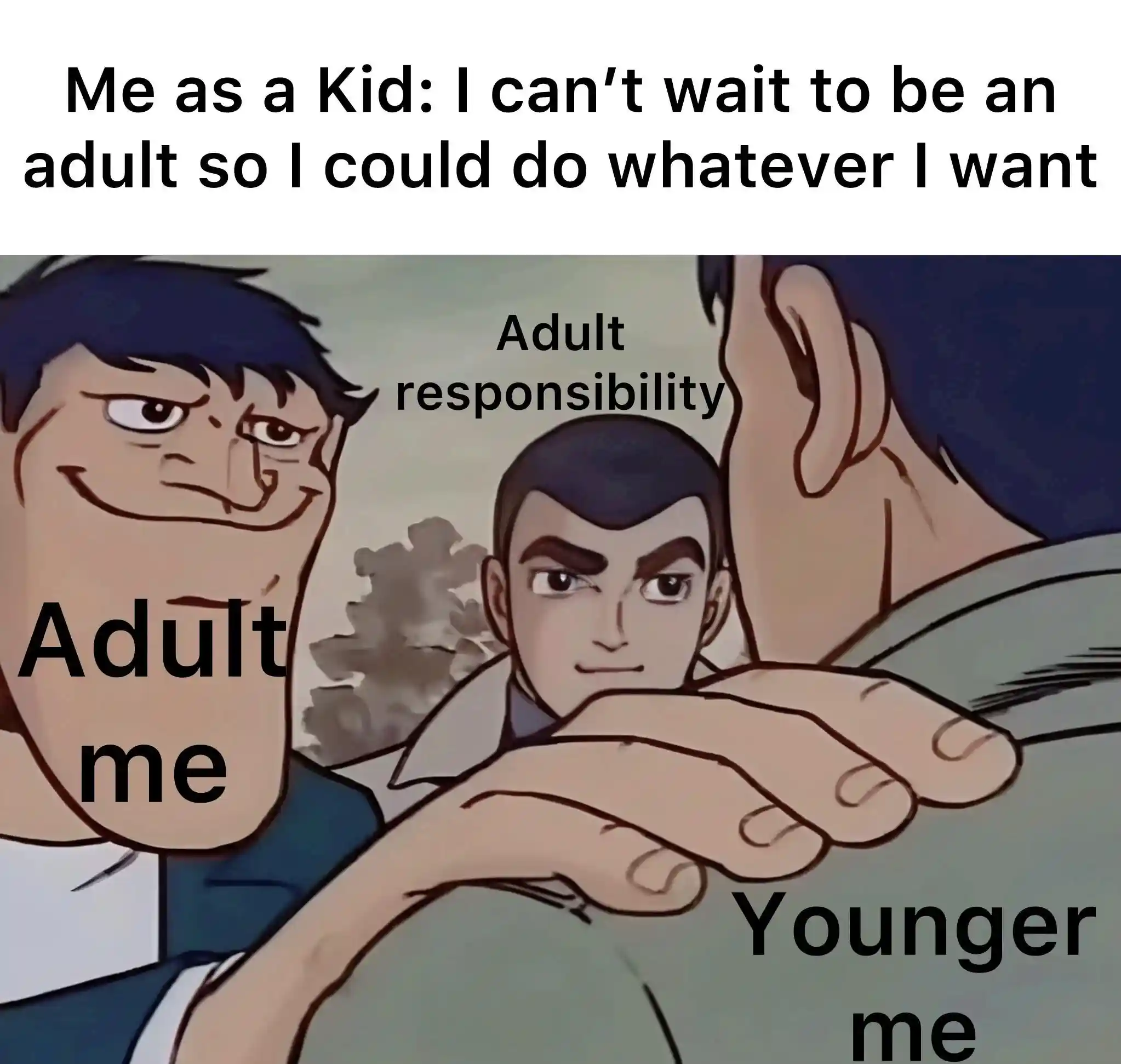 Hand on shoulder meme facing grownup life burdens