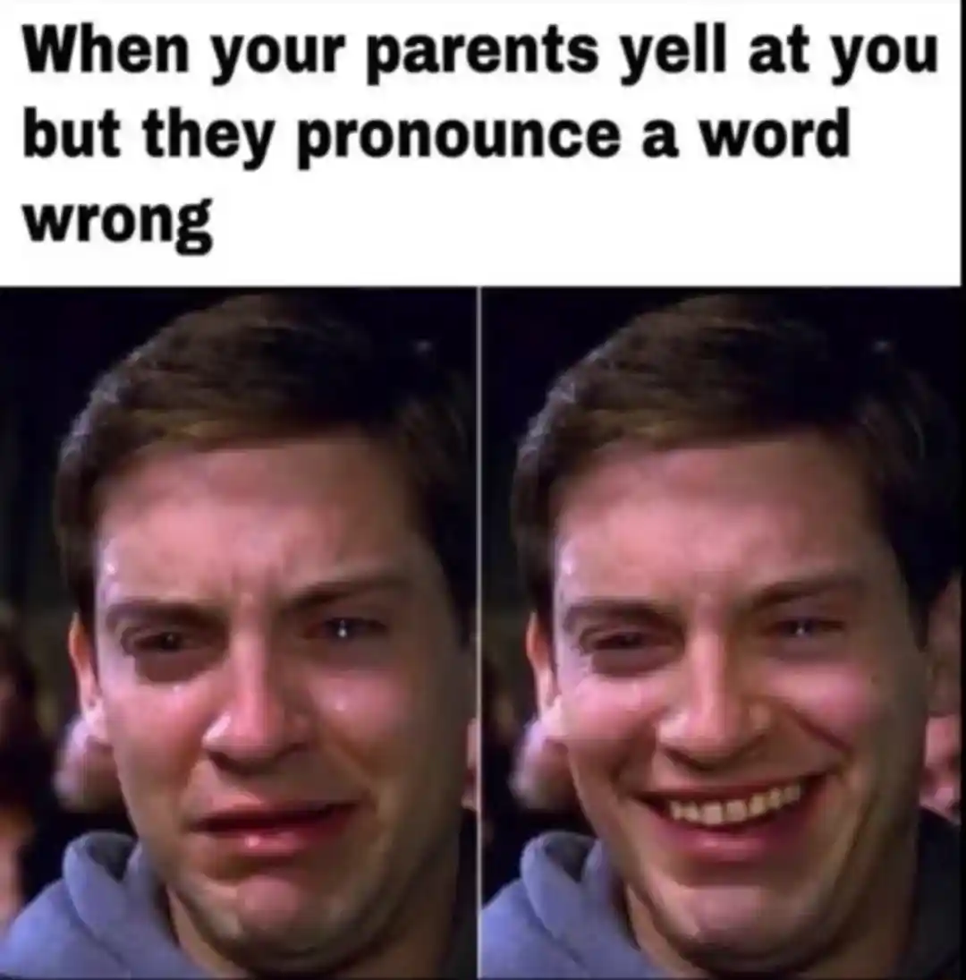 Crying Peter Parker meme hide laugh when parents yell wrong word