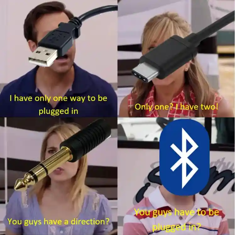 Wired plugs meme mocking bluetooth tech
