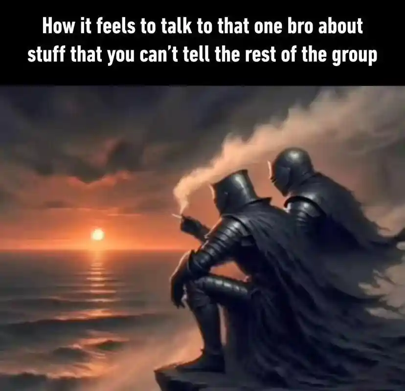 Two knights meme share secrets at sunset