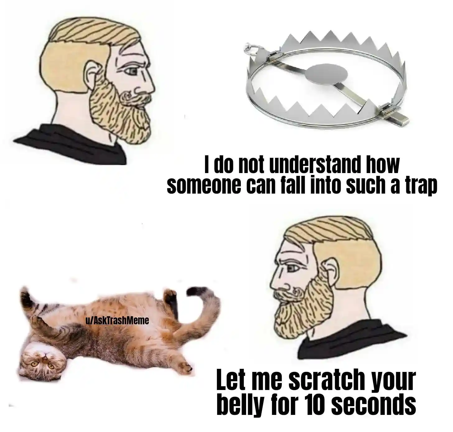 Cat belly rub trap meme man falls for it