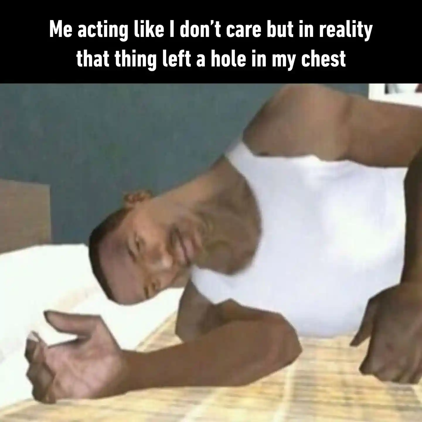 Cj lying in bed meme hiding chest pain