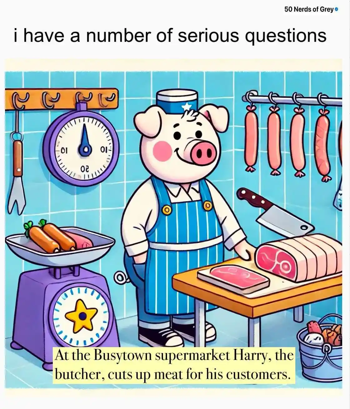Pig butcher meme with serious questions
