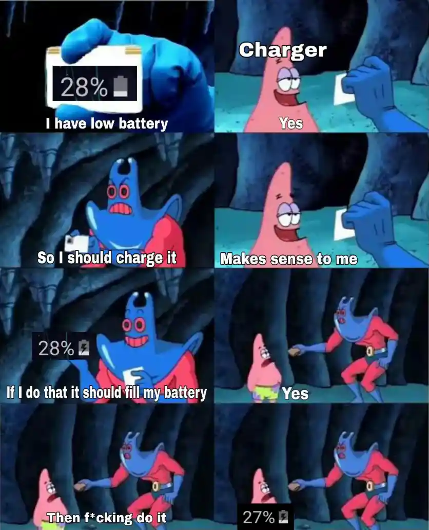 Low battery phone meme delays charging