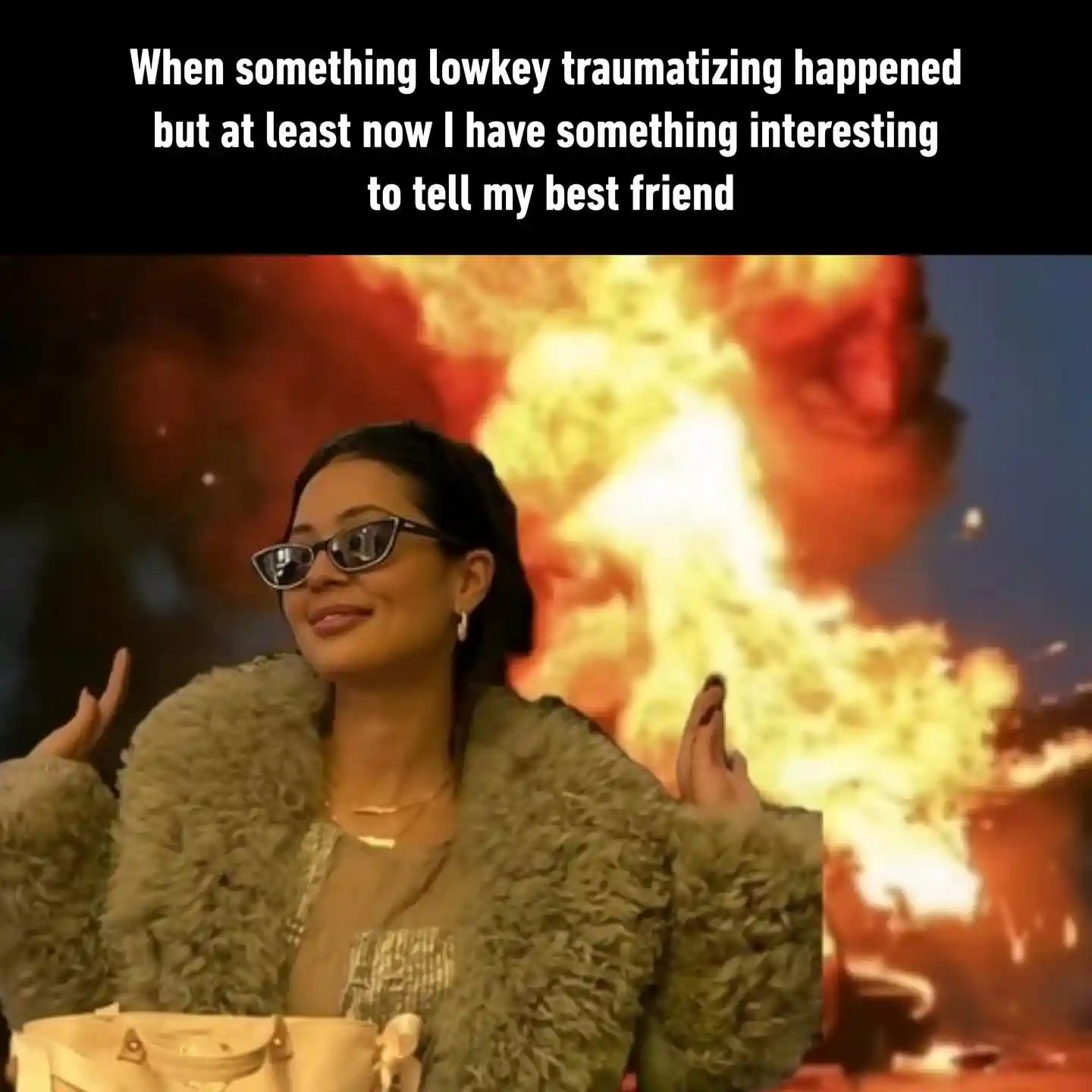 Lowkey trauma meme shrugging to tell best friend