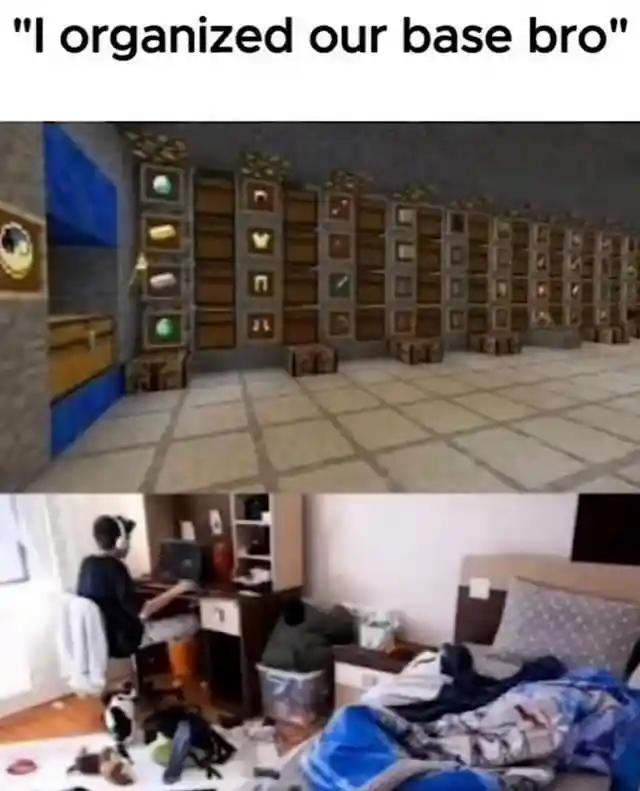 Minecraft organized base meme contrasts messy room