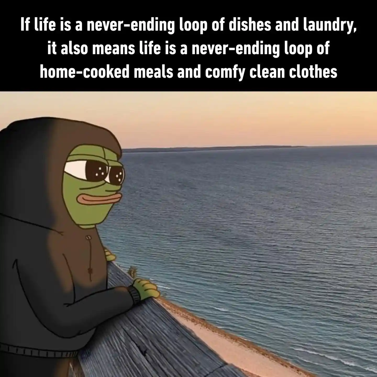 Pepe meme gazes at sea to reframe chores
