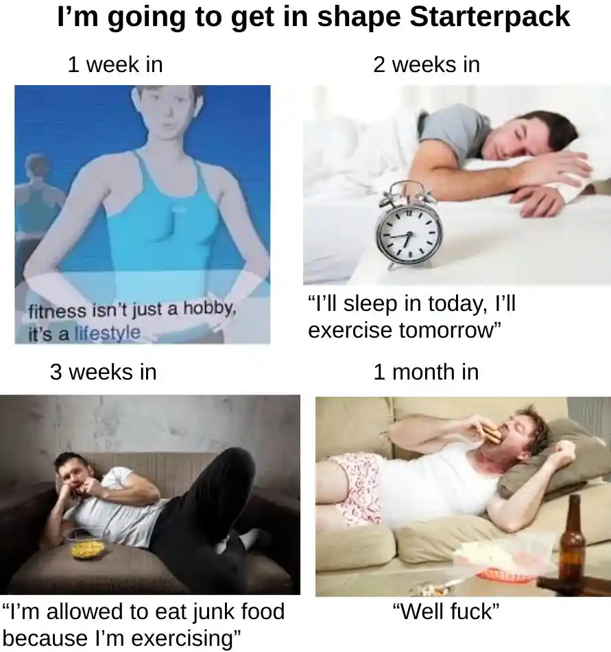 Get fit starterpack meme shows lazy fitness fail
