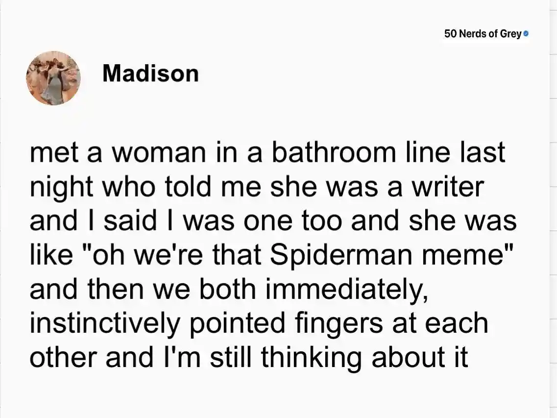 Two writers spiderman meme point at each other