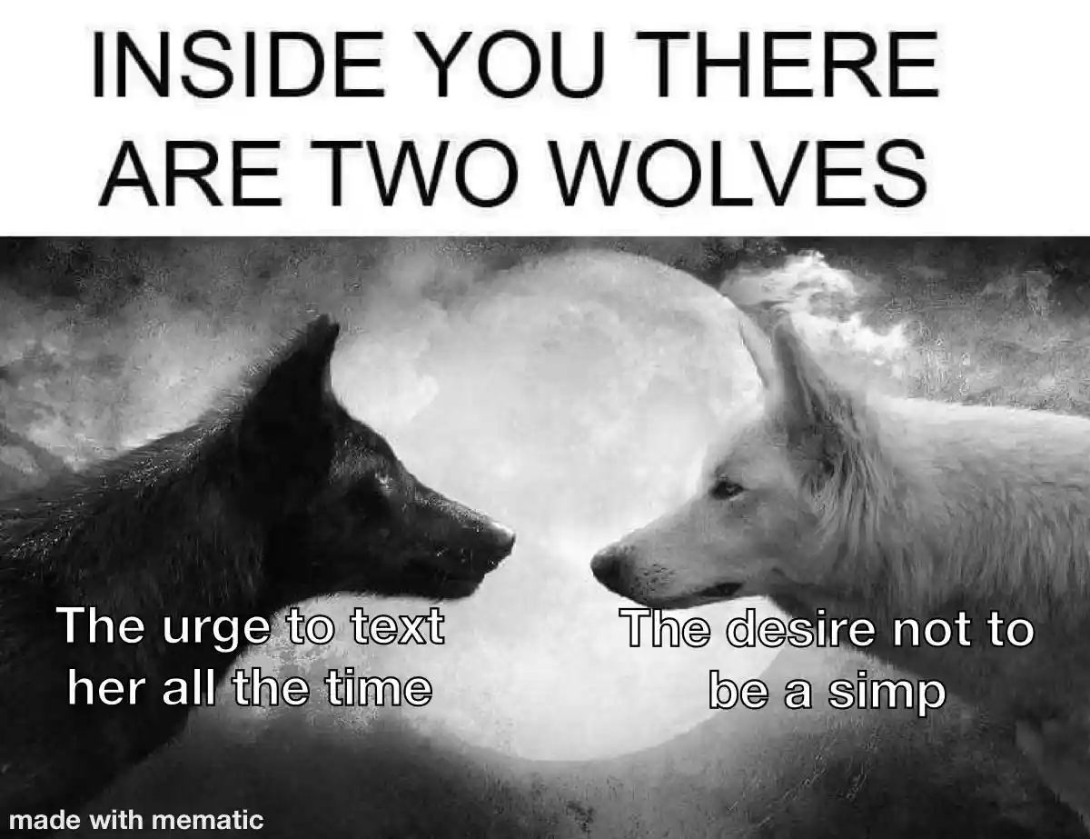 Two wolves meme urge to text her and not be a simp