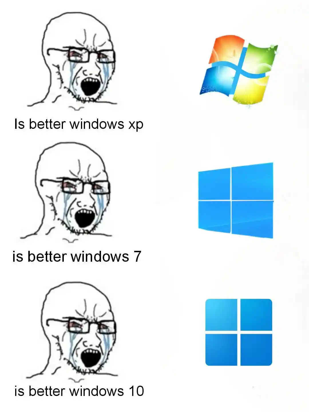 Windows user meme crying praising old os