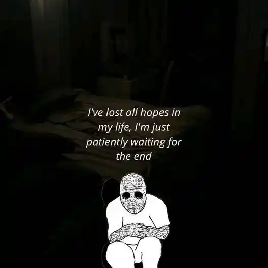 Hopeless wojak meme waiting for the end alone in dark room