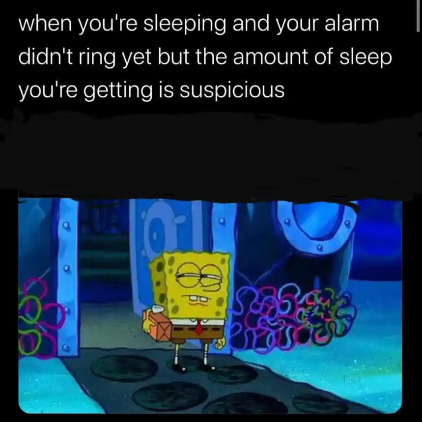 Suspicious sleep meme waiting for alarm