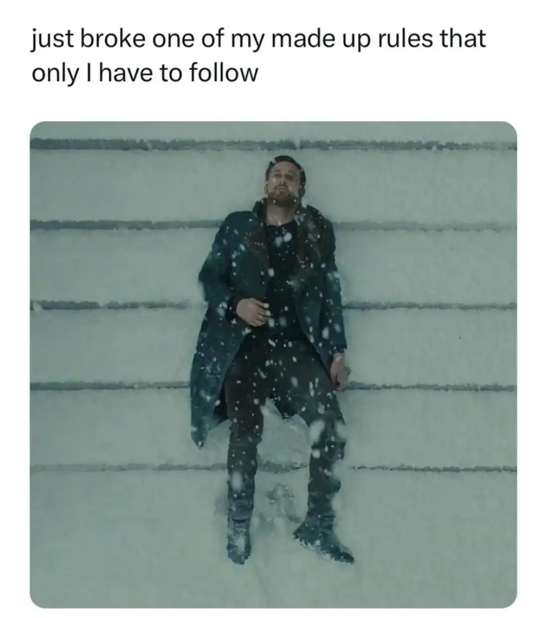Broke self made rule meme lying in snow
