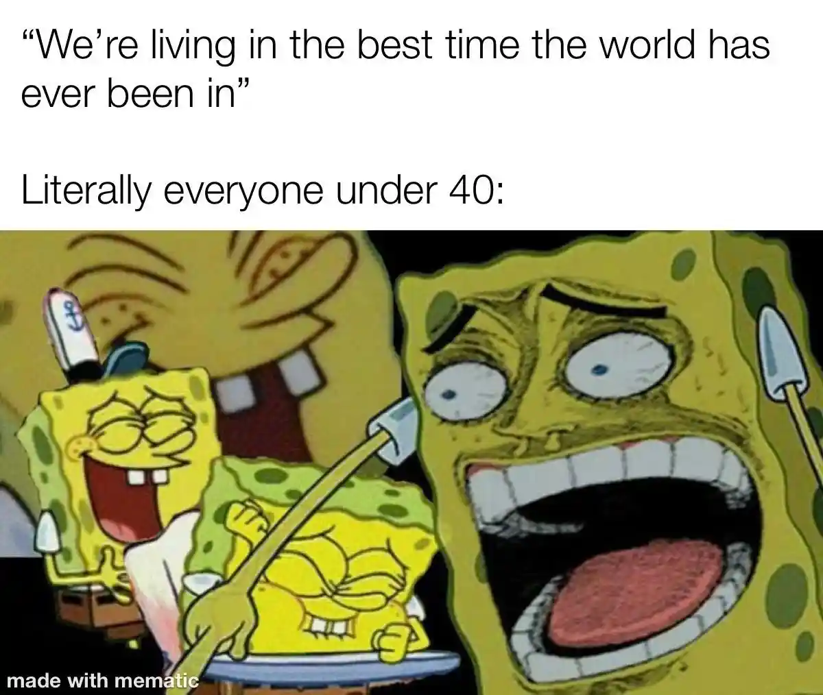 Laughing spongebob meme under 40s mock best time claims