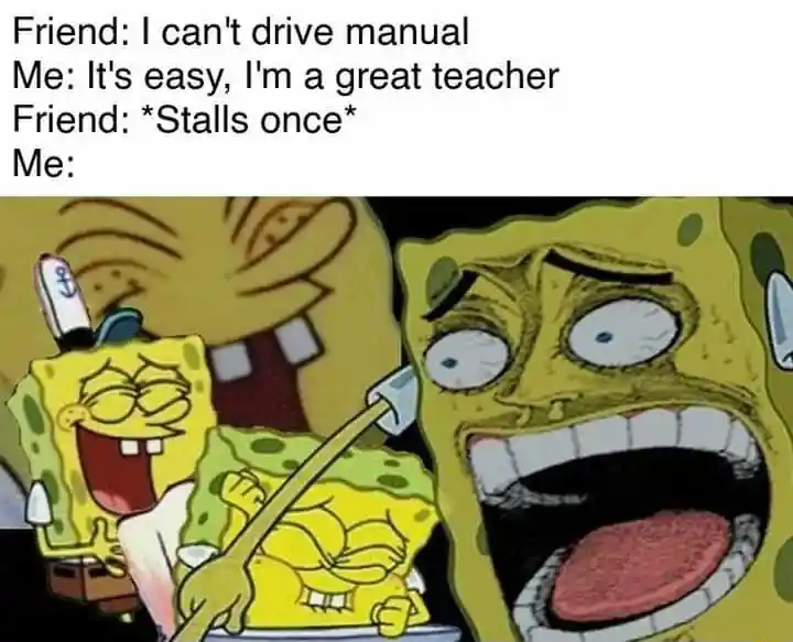Laughing spongebob meme mock friend stalling car
