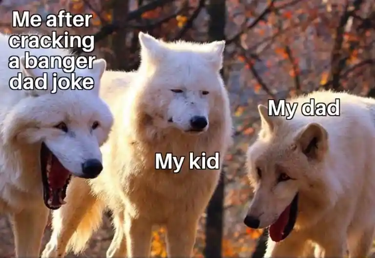 Laughing wolves meme cracking dad joke