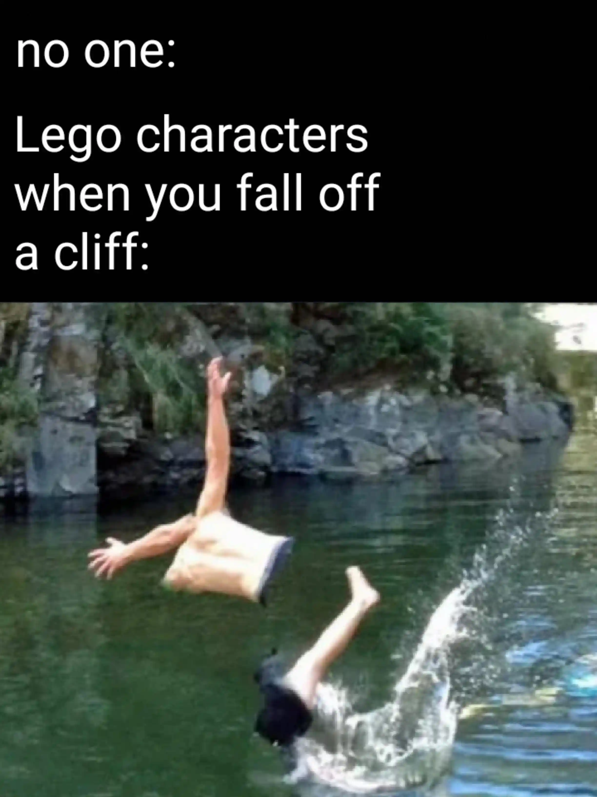 Lego cliff fall meme split apart mid air