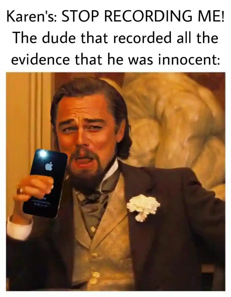 Leo laughing meme filming karen for proof