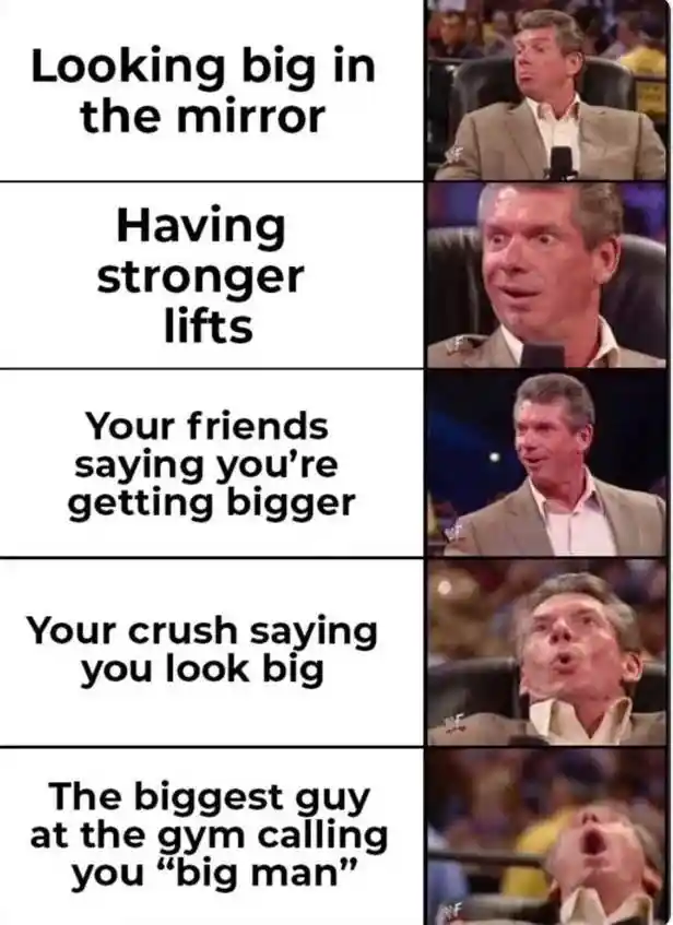Gym progress meme reacting to gym praise