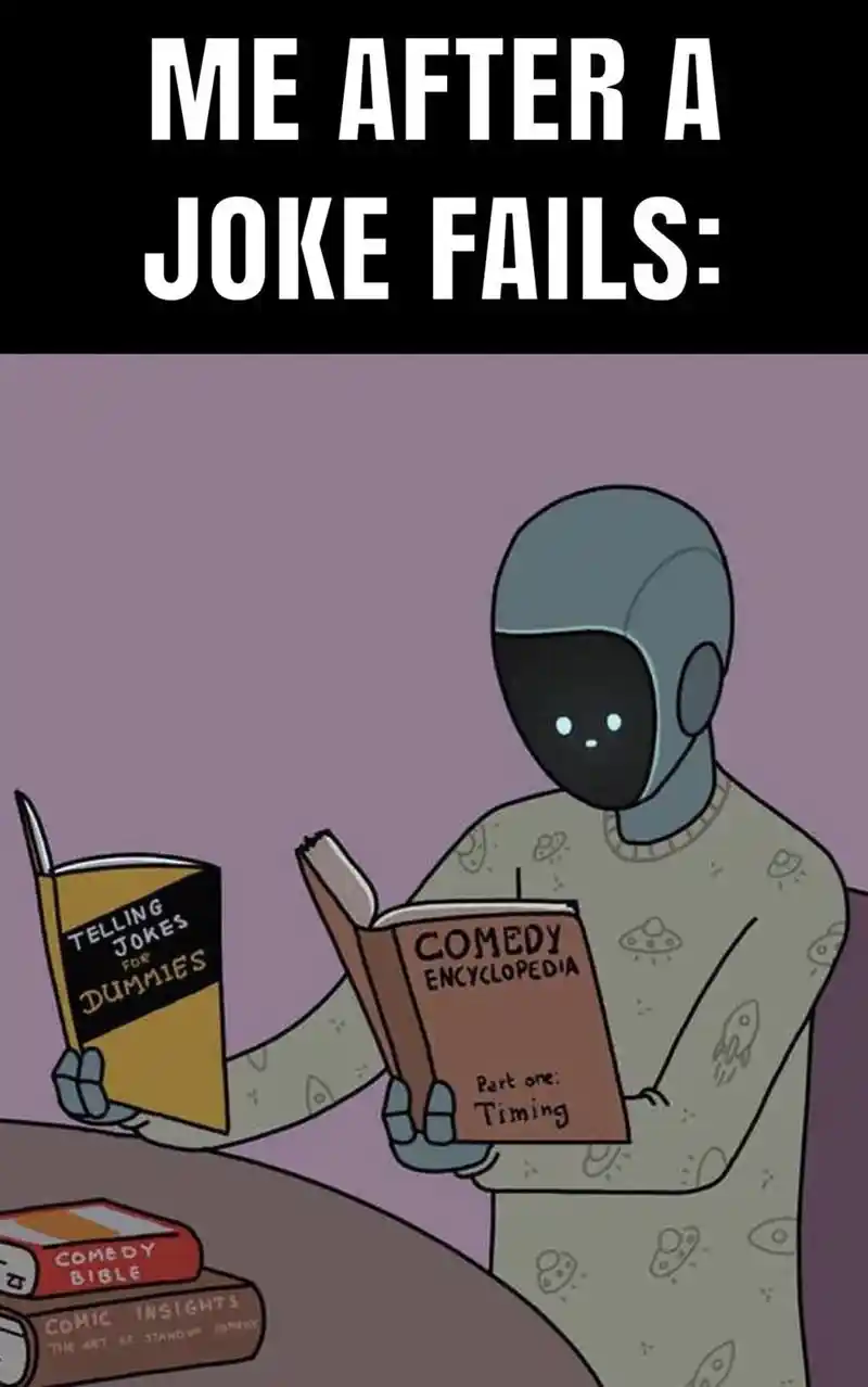 Joke fails meme reads joke books to learn timing