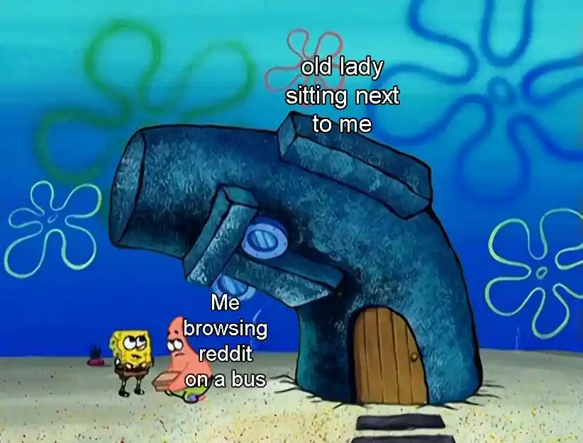 Browsing reddit on bus meme hiding from old lady