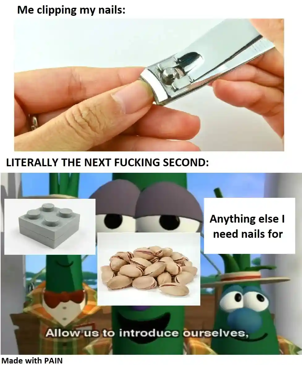 Nail clipping meme needing nails for nuts and lego