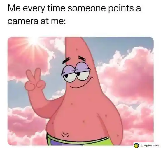 Patrick star camera meme peace sign pose