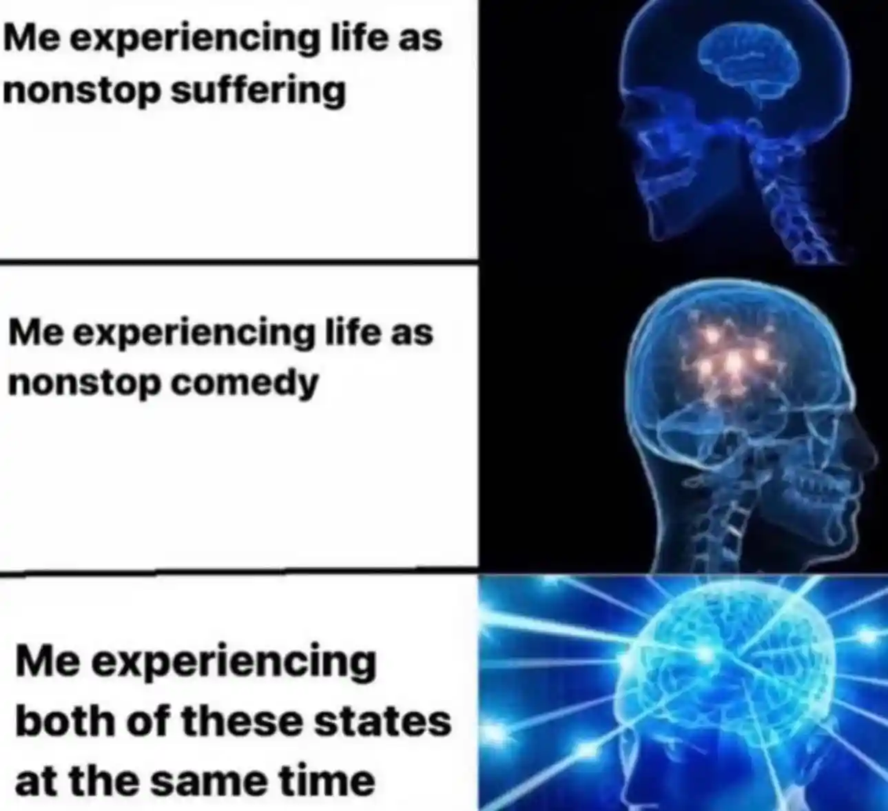 Expanding brain meme of dual life emotions
