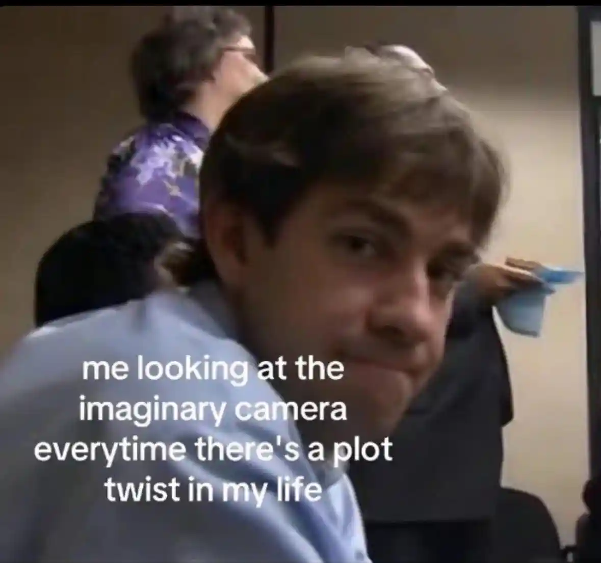 Plot twist meme looking at fake camera