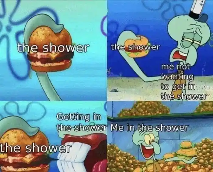 Depressed wojak meme hates shower then loves it