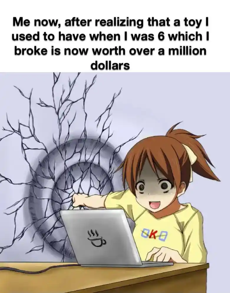 Broken kid toy meme hitting wall in rage
