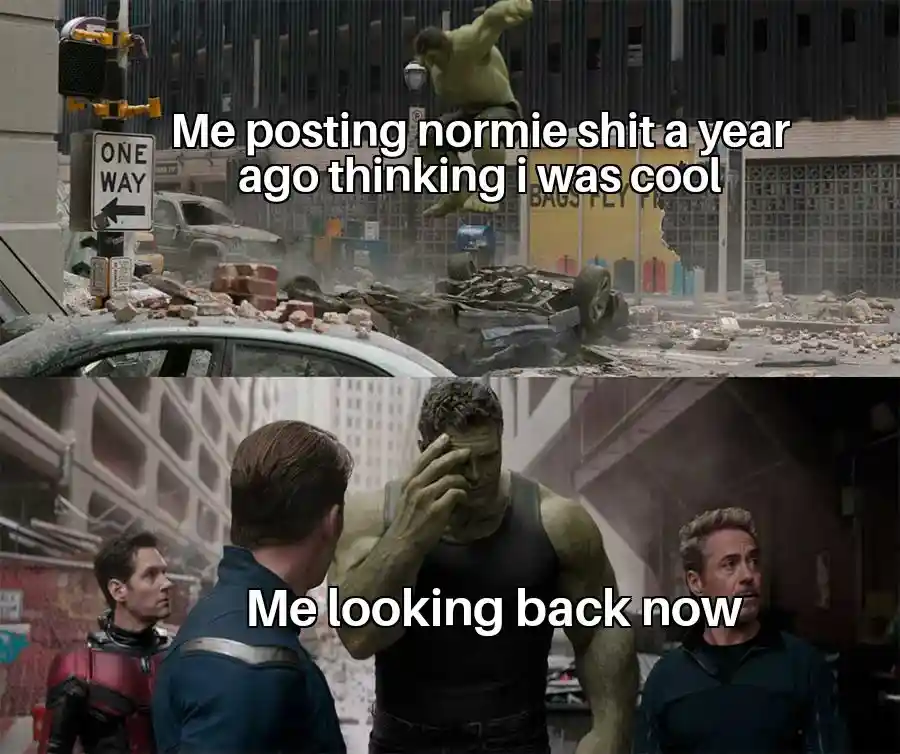 Hulk old post meme facepalm at old self