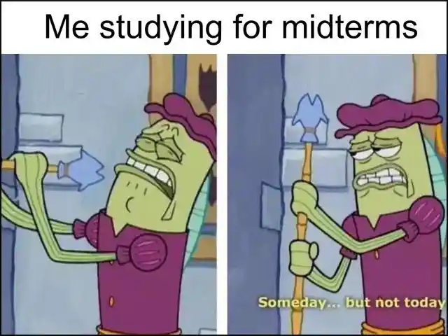 Midterm studying meme delaying exam prep not today