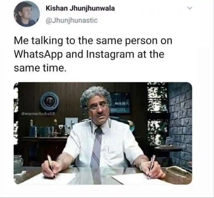 Chatting to same person on whatsapp and instagram meme writing two notes confused