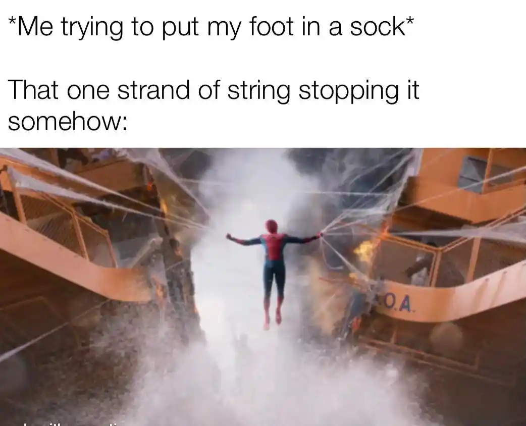 Foot in sock meme halted by tiny string