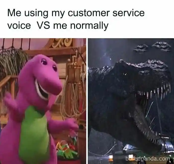 Customer service voice vs normal me meme contrasting two moods