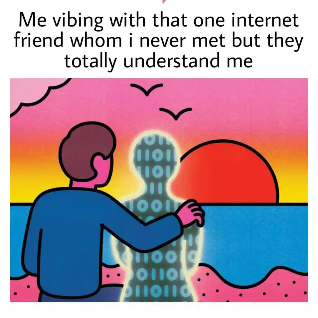 Unmet online friend meme vibing at beach