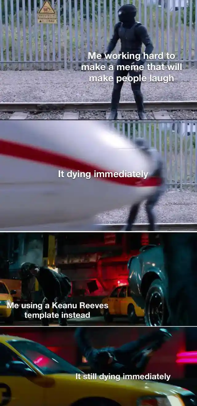 Keanu reeves meme hit by train taxi after flopping