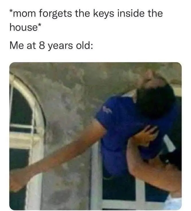 Mom forgets house keys meme kid climbs through window
