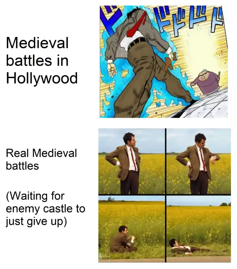 Mr bean waiting meme waiting for enemy castle to give up medieval battles