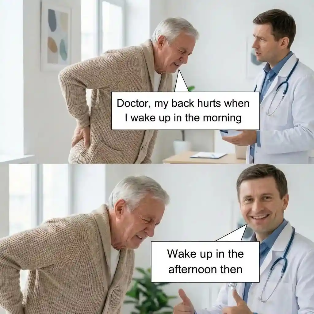 Back pain doctor meme has silly lazy fix